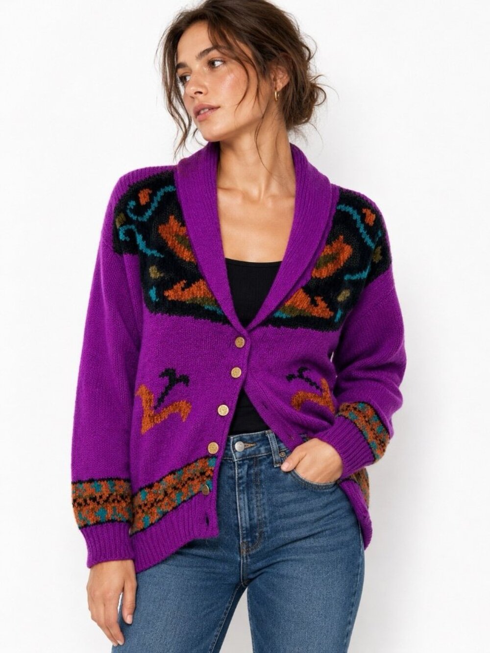 vintage 80s SHAWL COLLAR cardigan sweater purple 1X southwestern boho retro chic